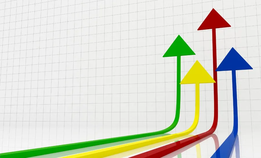 Coloured arrows rising on a grid
